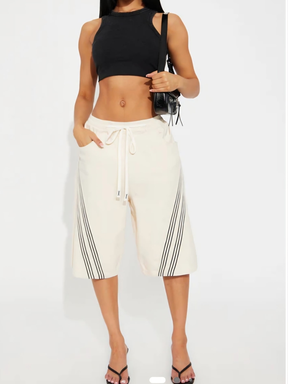 Fashion Nova Cream Drawstring Bermuda Shorts with Black Stripe Detail